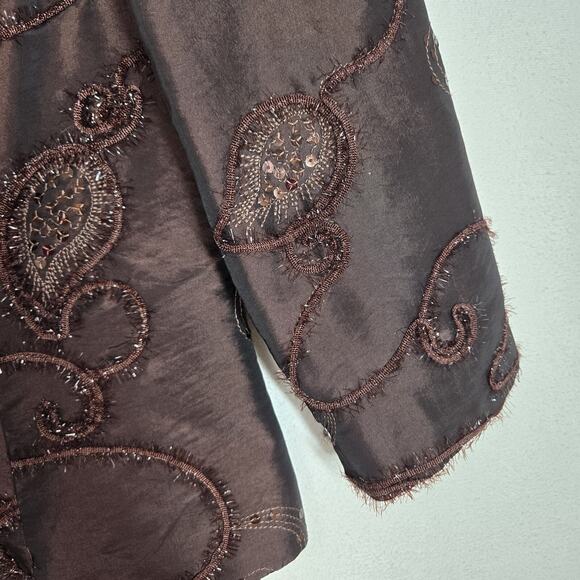 VTG Nueva Satin Top Jkt Sz 12 Brown Embroidered Sequins Art To Wear Formal - Picture 5 of 14